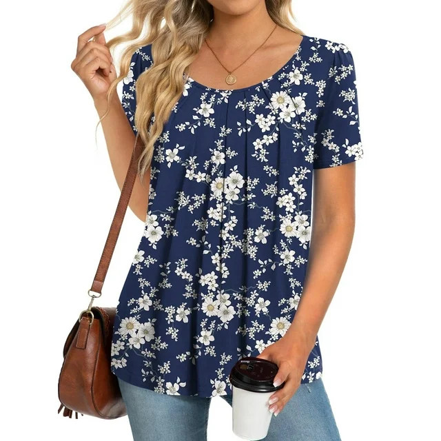 Fantaslook Dressy Blouses for Women Pleated Short Sleeve Tunic Tops Casual Floral Shirts | Walmart (US)