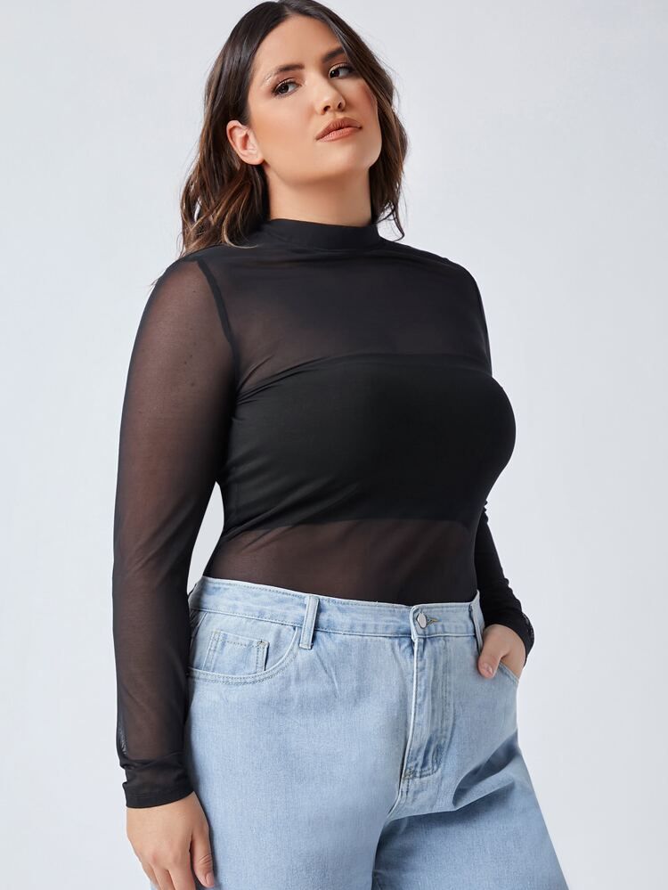 SHEIN BASICS Plus Mock Neck Sheer Mesh Top Without Tube | SHEIN