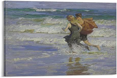 Modern Beach Wall Art Edward Henry Potthast's Oil Painting Art Poster of Lovers Running on The Be... | Amazon (US)