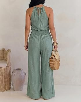 CHICME Women's Eyelet Halter Neck Jumpsuit High Waist Wide Leg Romper with Side Slit Casual Summe... | Amazon (US)