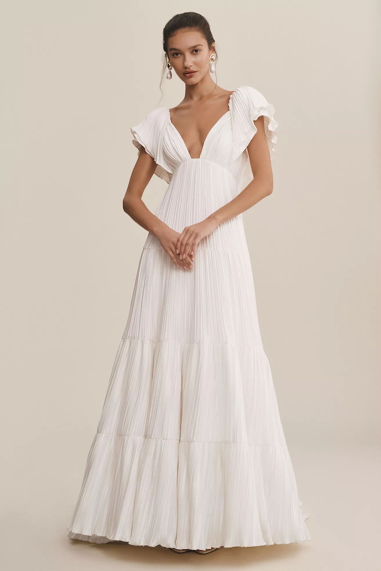 BHLDN Valerie Flutter-Sleeve Pleated Satin Wedding Gown | Anthropologie (US)