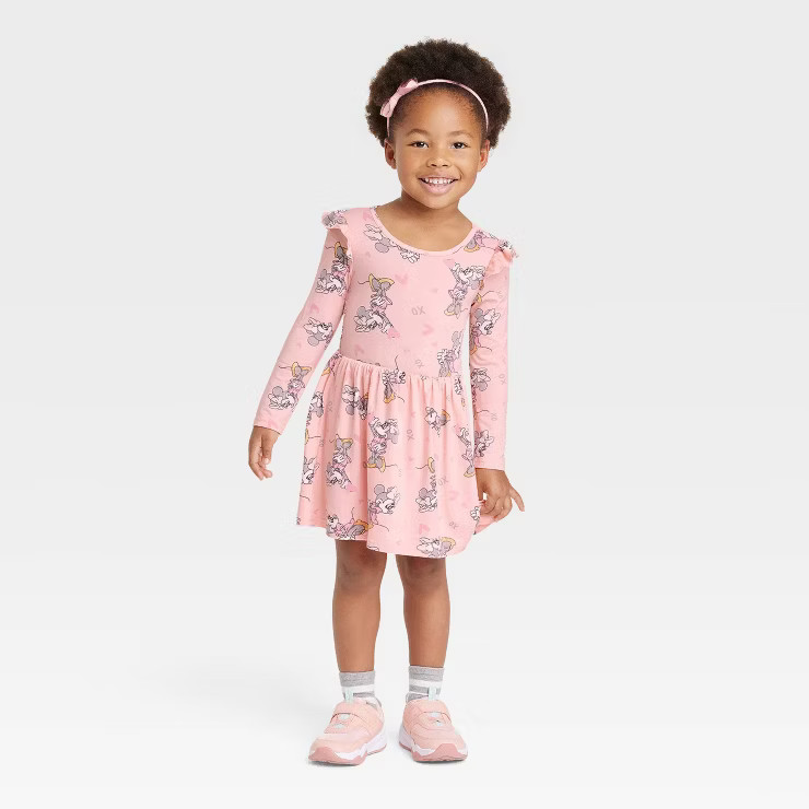 Toddler Girls' Disney Minnie Mouse Solid Skater Dress - Pink | Target
