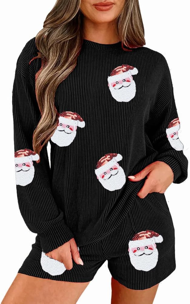 UNIQUEONE Christmas 2 Piece Sequin Outfits Women Merry Sweatshirt and Shorts Set Christmas Pajama... | Amazon (US)