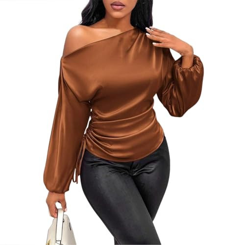 Off Shoulder Tops for Women Womens Off The Shoulder Long Sleeve Elegant Satin Silk Blouses Asymmetrical Neck Tops Dressy Casual Solid Color Office Work Shirts Coffee L | Amazon (US)