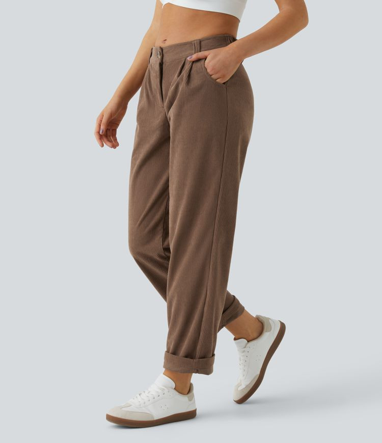 Damen Lässige Cordhose mit mittelhohem Bund, Reißverschluss und Seitentaschen - Halara | Halara - DE