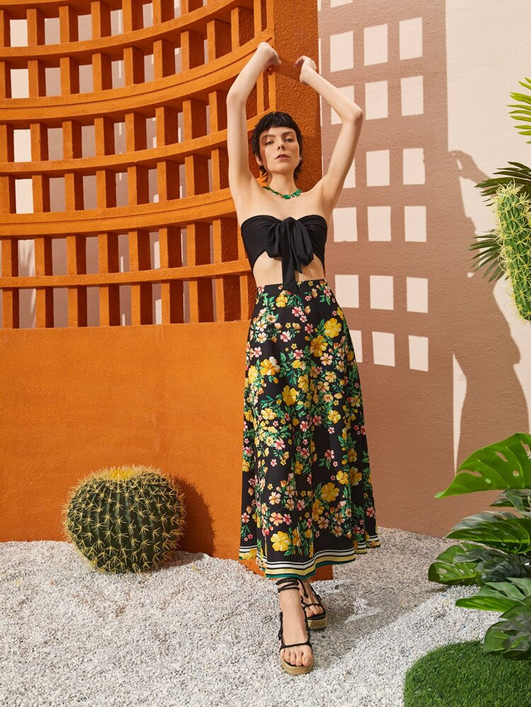 SHEIN Floral Print Striped Trim Skirt | SHEIN