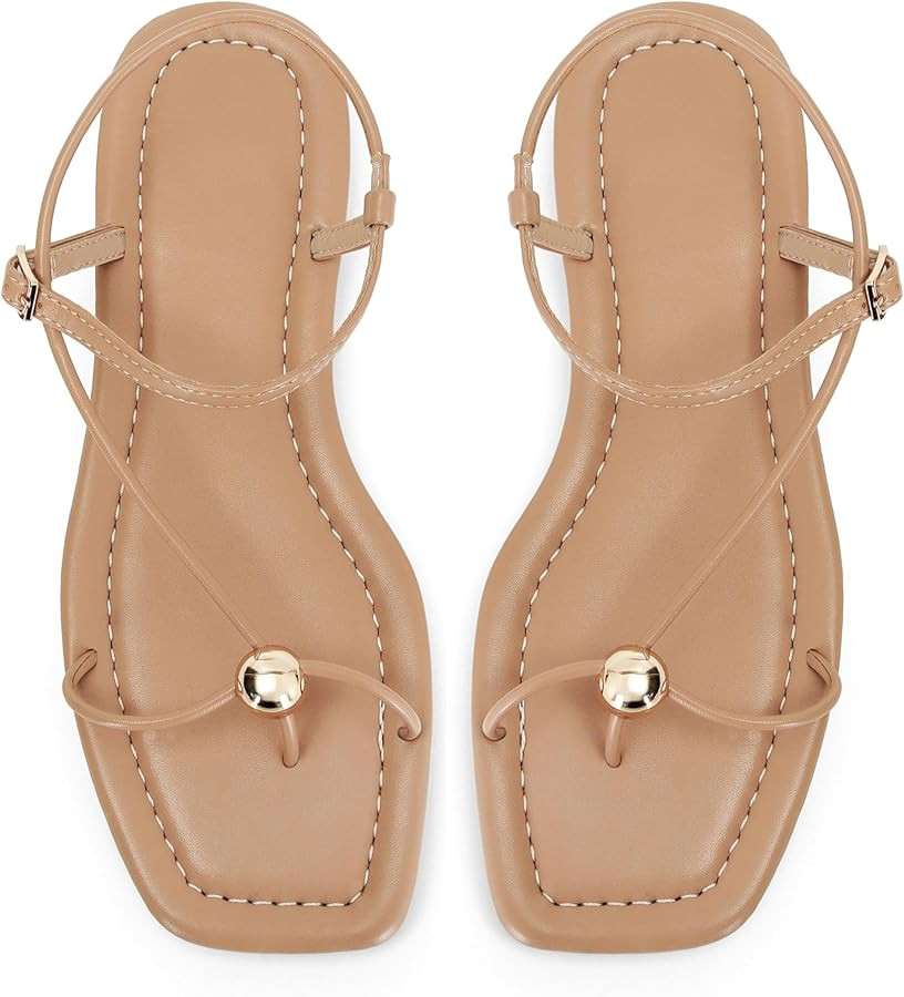 Strappy Flat Sandals for Women Comfortable Open Square Toe Slingback Sandals Dressy Beach Thong F... | Amazon (US)