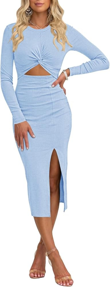 Pink Queen Women's Crew Neck Long Sleeve Midi Dress Cutout Twist Front Bodycon Slit Pencil Ribbed... | Amazon (US)