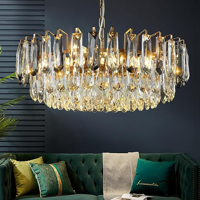 XIAOQIWU 23.6" Modern Crystal Chandelier with Grey Crystal Gold 3-Tier Luxury Pendant Light 12-Li... | Amazon (US)