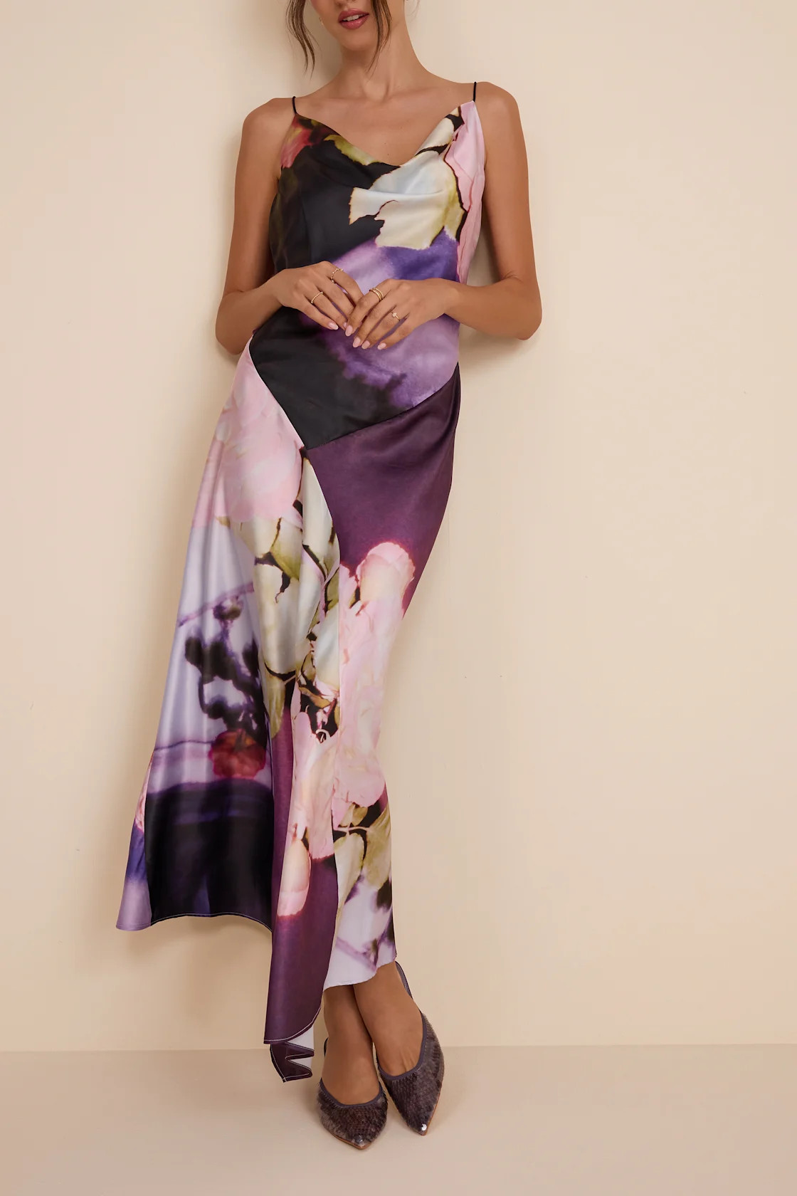 Ellie Purple Multi Floral Satin Cowl Neck Maxi Dress | Lulus