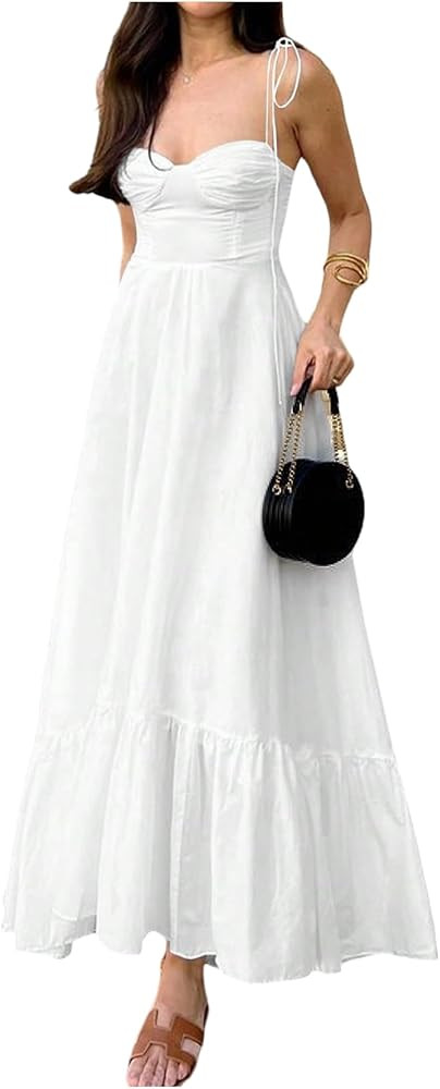 Floerns Women's Tie Shoulder Smocked Long Dress Ruffle Tiered Flowy Wedding Guest Dresses | Amazon (US)