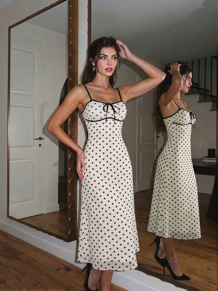 SHEIN MOD Abito Con Blocchi Di Colore A Pois Color Albicocca E Nero Con Bordo A Fiocco - Abito Da Donna In Stile Vintage Anni '70 Adatto Per Appuntamenti, Feste, Vacanze Primaverili, Picnic, Festival, Compleanni | SHEIN