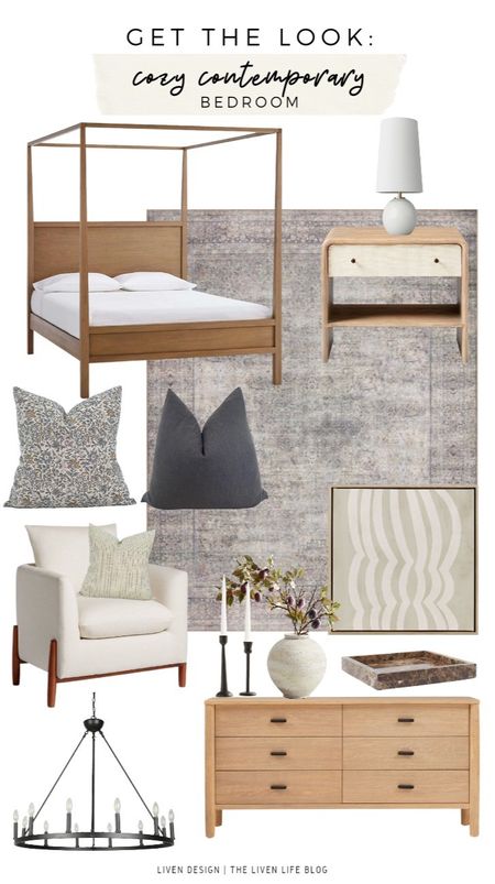 Cozy contemporary bedroom. Bedroom decor. Home decor. Modern bedroom. Canopy bed. Nightstand. Dresser. Throw pillows. Marble lamp. Distressed traditional rug. Modern art. Abstract art. Block print pillow. 

#LTKSeasonal #LTKhome #LTKstyletip
