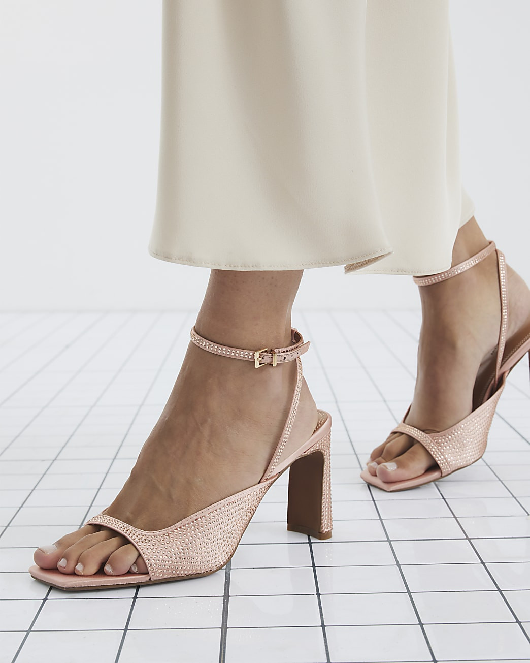 Pink Satin Diamante Heeled Sandals | River Island UK & IE