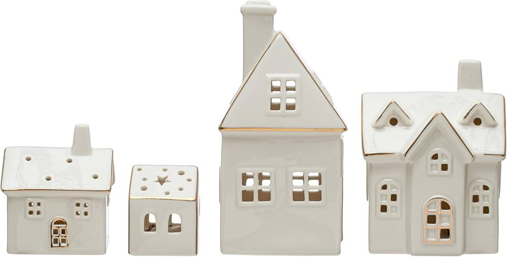 Stoneware Village with Led Lights and Gold Electroplating 3.5" l X 3.4" w 6.3" h White Ceramic | Amazon (US)