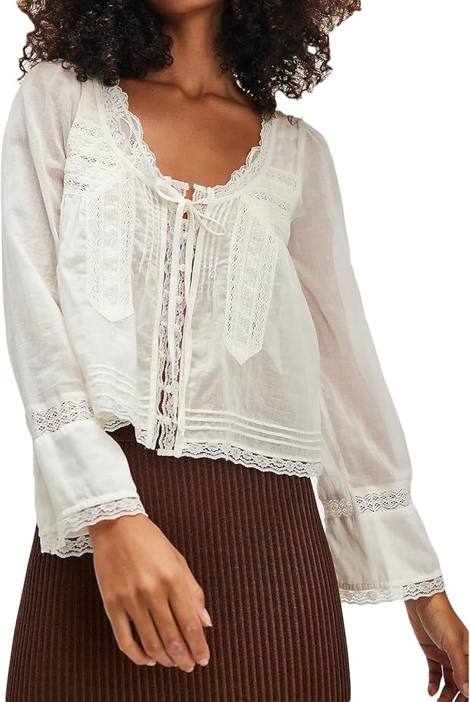 Women Tie Front Long Sleeve Top Lace Trim Button Shirt Square Neck Loose Blouse Going Out Y2k Coq... | Amazon (US)