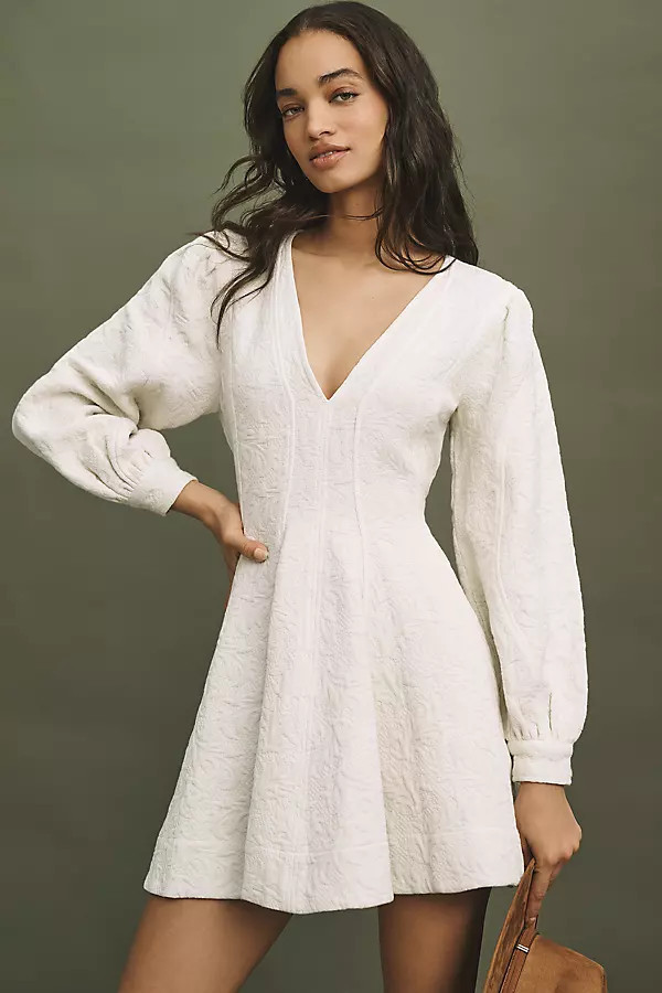 Long-Sleeve V-Neck Textured Mini Dress | Anthropologie (US)