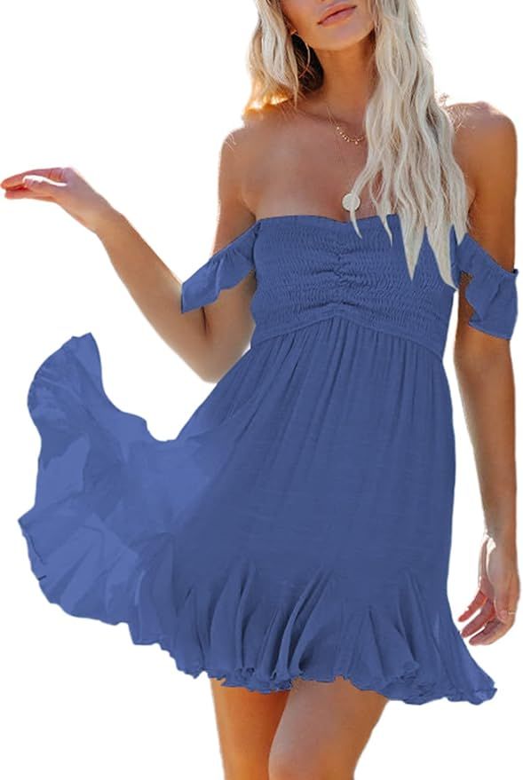 Fixmatti Women Summer Smock Tube Top Dress Off Shoulder Ruffles A-Line Flowy Dresses | Amazon (US)