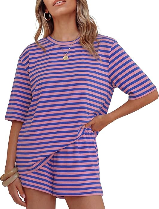 ZESICA Womens Summer 2 Piece Short Sets Striped Oversized Matching Lounge Airport Travel Workout ... | Amazon (US)