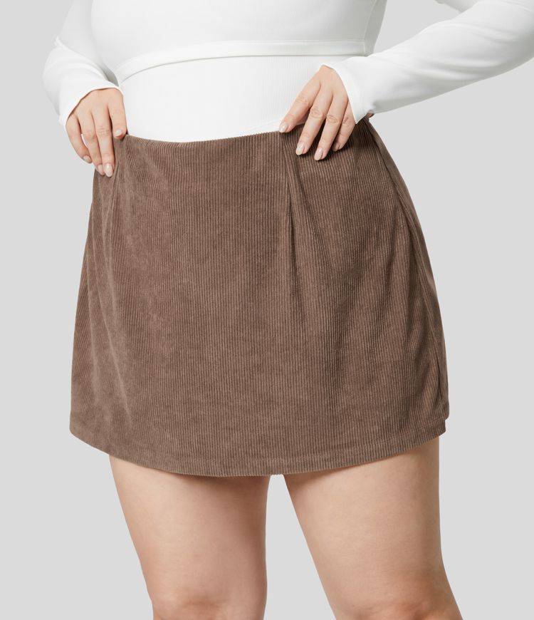 High Waisted Invisible Zipper 2-in-1 A Line Mini Corduroy Casual Plus Size Skirt | HALARA