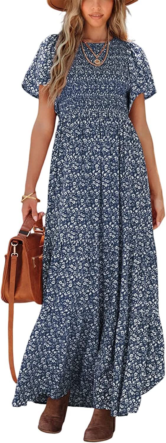 PRETTYGARDEN Women's Summer Casual Flutter Short Sleeve Boho Floral Maxi Dress Crew Neck Smocked ... | Amazon (US)