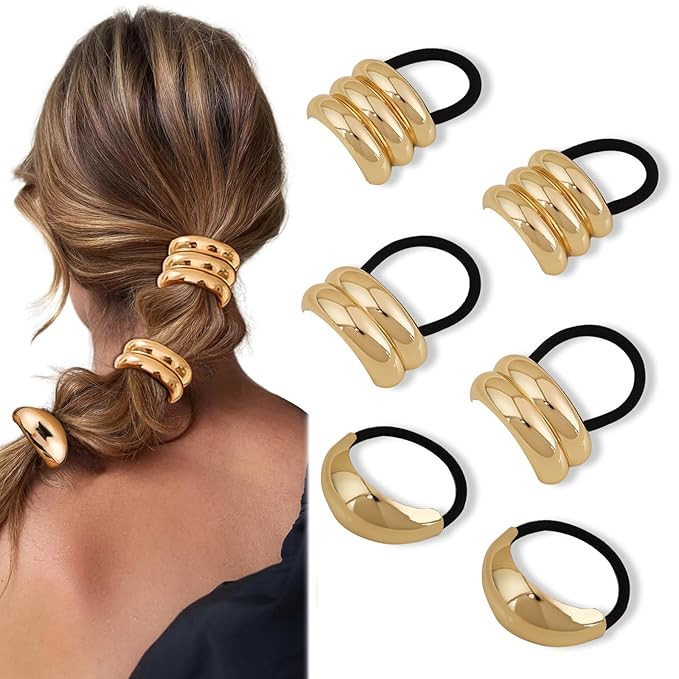 CUBACO 6-Piece Gold Metal Hair Ties for Thick Ladies' Ponytails | Amazon (US)