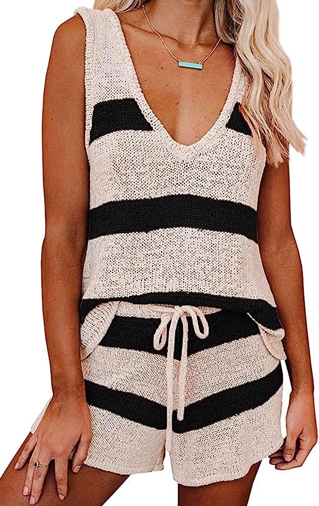 KIRUNO Women’s Sleeveless V Neck Pajama Sets Striped Print Knitted Drawstring Waist Belt Sleepwear N | Amazon (US)