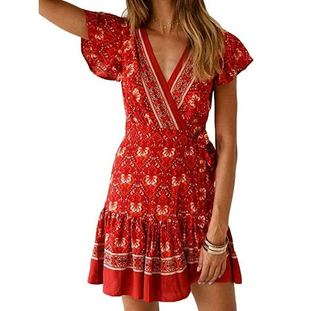 Luiryare Women Short Sleeve Wrap Boho Floral Mini Dress Ladies Summer Sundress | Walmart (US)