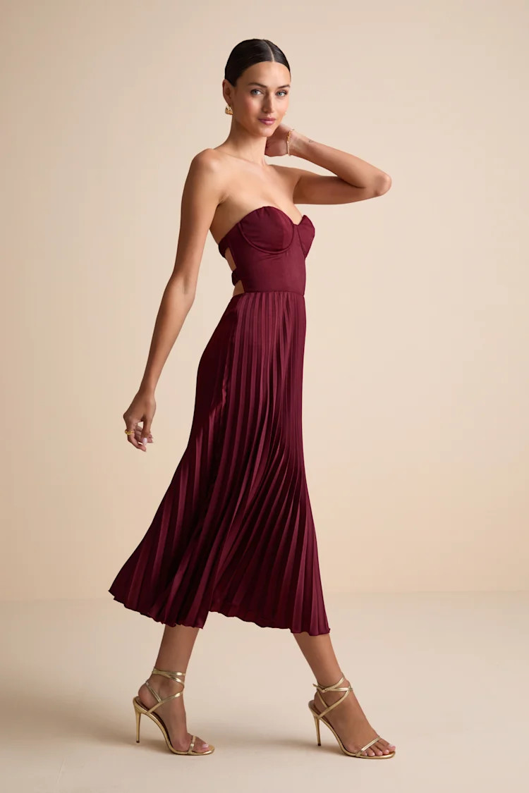 Irelyn Burgundy Satin Bustier Midi Dress | Lulus