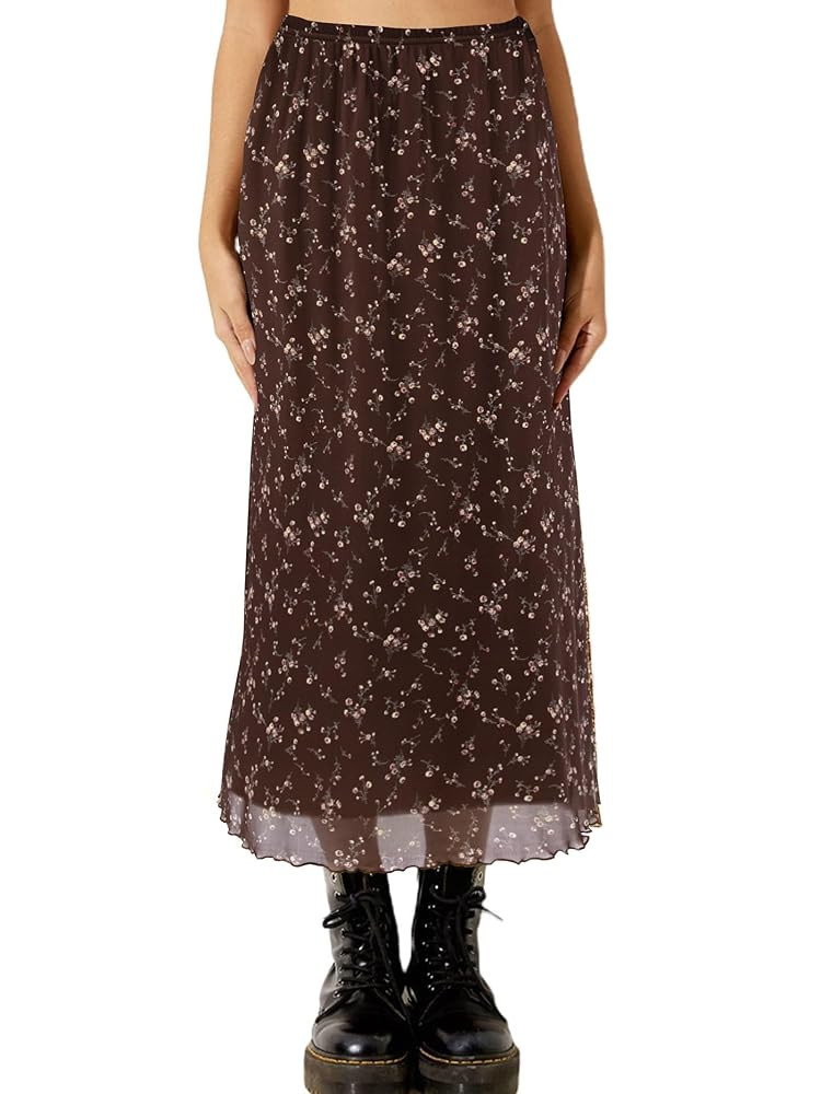 Avanova Women Mesh Floral Boho High Waist Midi Skirt Lettuce Trim Summer A Line Skirt | Amazon (US)
