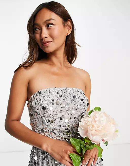 Maya Bridesmaid maxi bandeau wedding dress in all over 3D soft gray sequins | ASOS (Global)