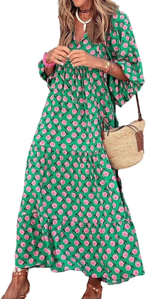 BZSFW Women's Summer Casual Maxi Dress Bohemian Floral V Neck Puff Short Sleeve Beach Tiered Sund... | Amazon (US)