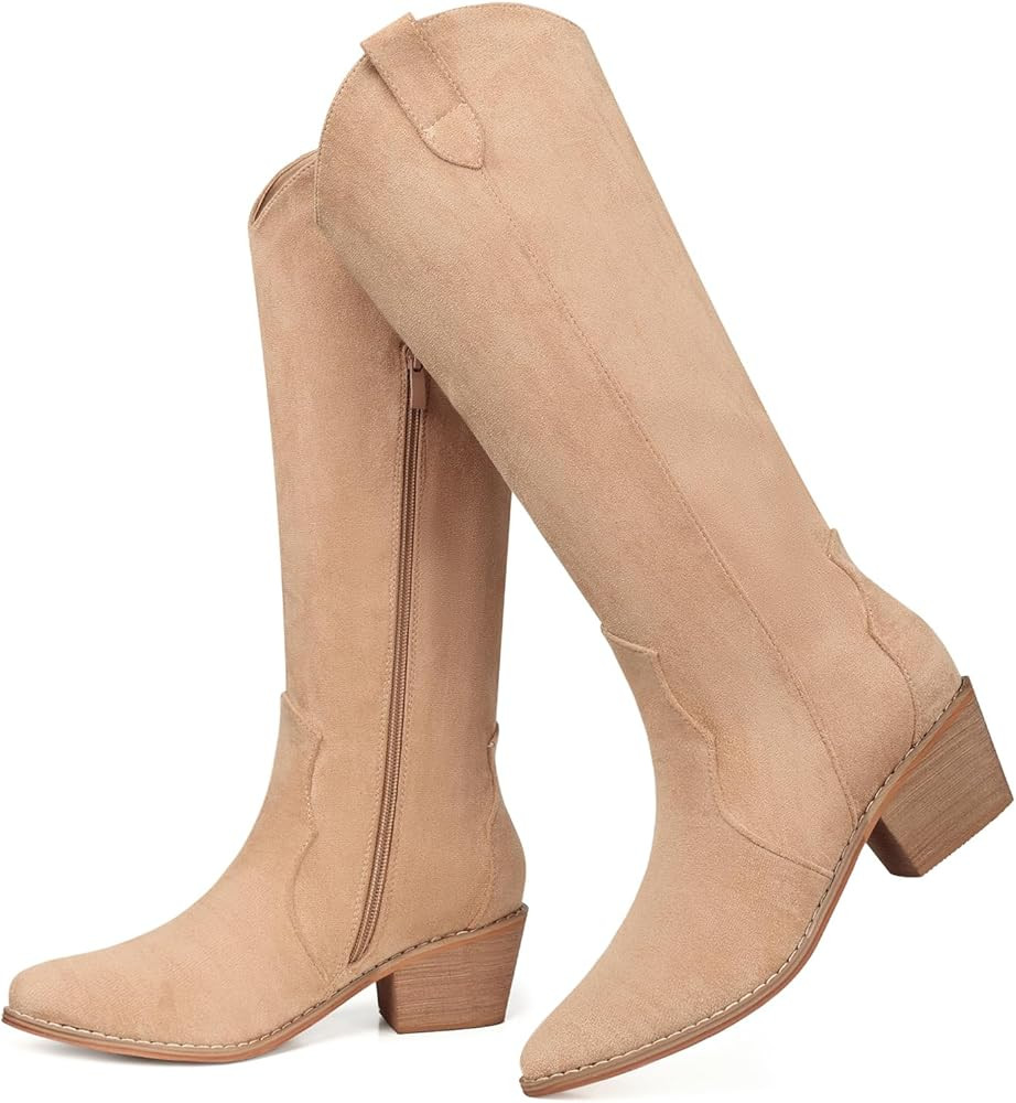 SHIBEVER Cowboy Boots for Women Knee High Suede Pointed Toe Cowgirl Boots Embroidered Pull-On Chu... | Amazon (US)