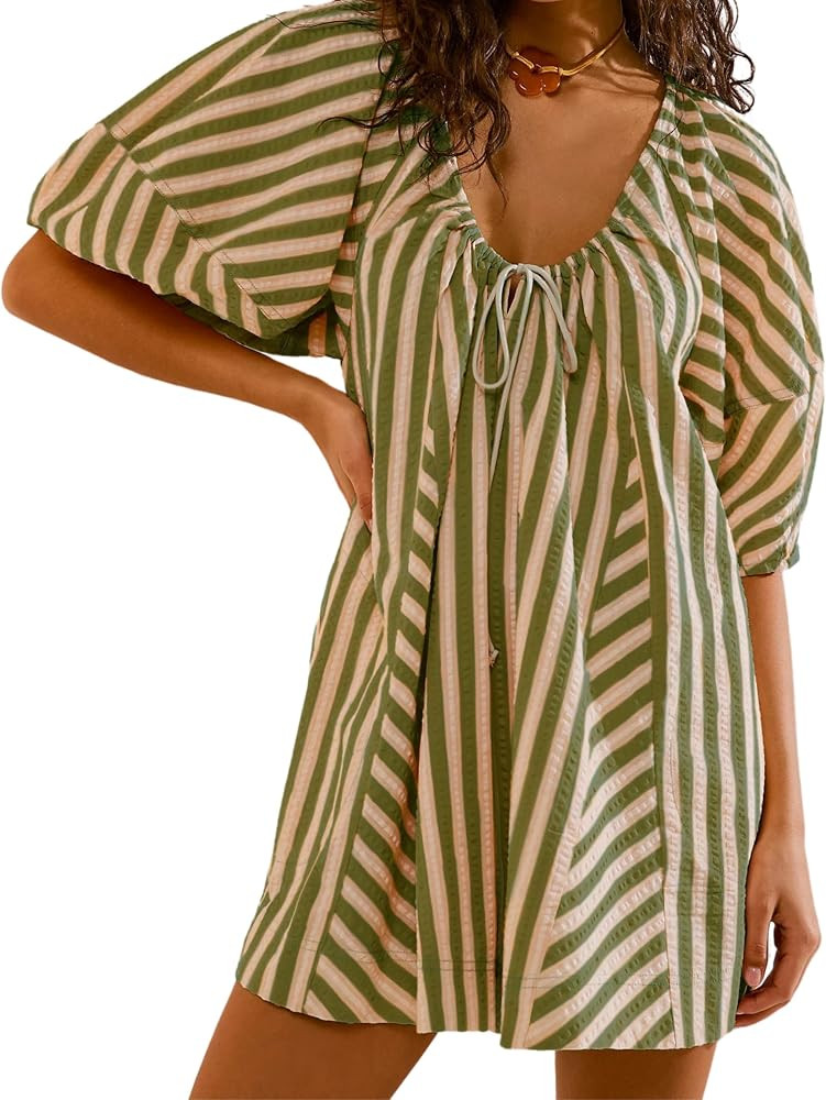 Athlisan Womens Striped Romper Casual Loose Puff Sleeve Wide Leg Jumpsuit Overall with Pockets | Amazon (US)