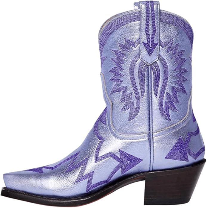 Metallic Embroidered Cowgirl Boots For Women Pointed Toe Western Boots Chunky Heel Pull On Short ... | Amazon (US)
