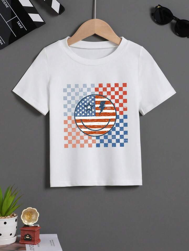 Young Boy Summer Casual Checkered  Printed Short-Sleeve T-Shirt | SHEIN