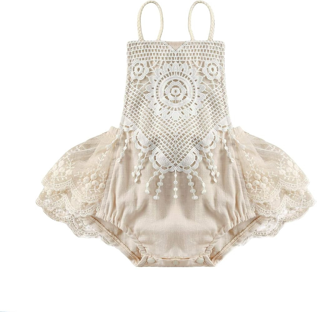 Infant Baby Girl Summer Outfits Sleeveless Dress Romper Lace Tutu Onesie Backless Jumpsuit Ruffle Bo | Amazon (US)