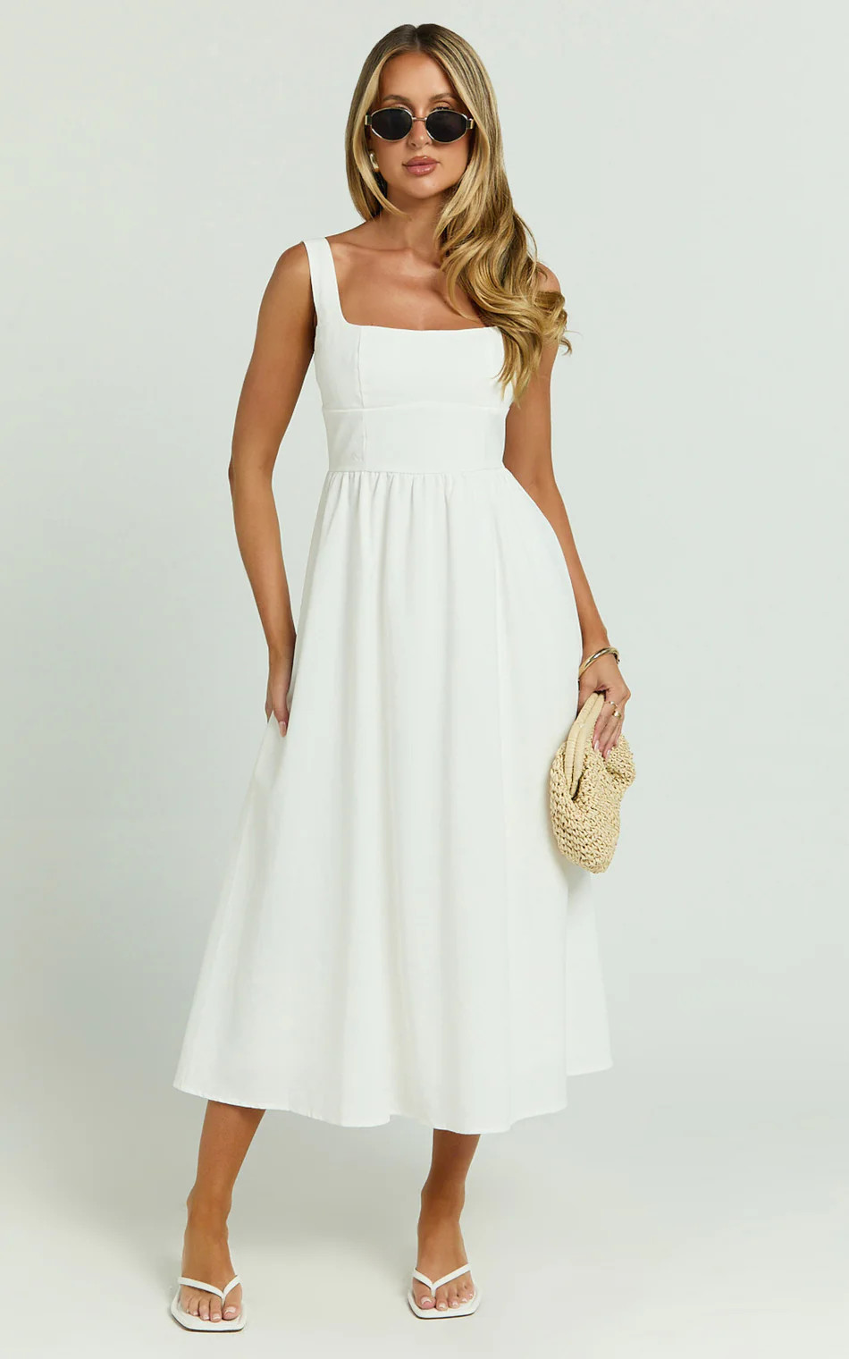 Khari Midi Dress - Linen Look Square A Line Dress in White | Showpo (US, UK & Europe)