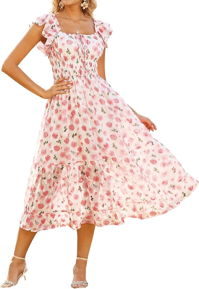 GRACE KARIN 2026 Women's Spring Floral Midi Dress Square Neck Beach Wedding Guest Dresses Flowy A... | Amazon (US)