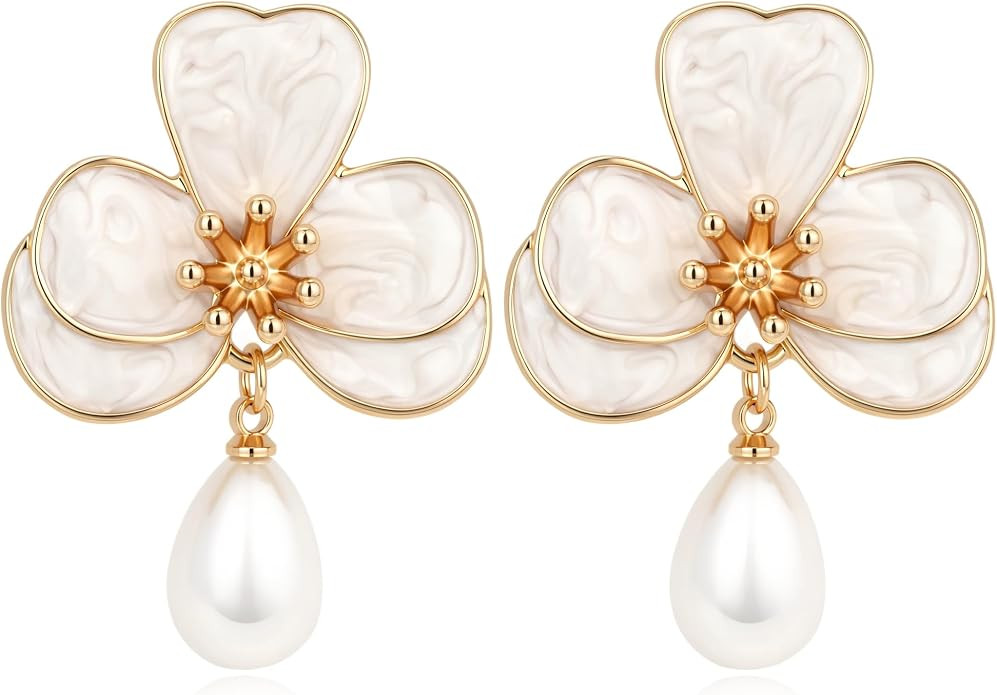 Flower Leaf Dangle Stud Earrings for Women, Trendy Hypoallergenic Gold Plated Handmade Enamel Tro... | Amazon (US)
