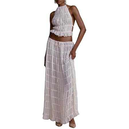 Womens 2 Piece Maxi Skirt Set Lace Up Sleeveless Tank Top and Flowy Long Skirt 2024 Summer Beach ... | Amazon (US)