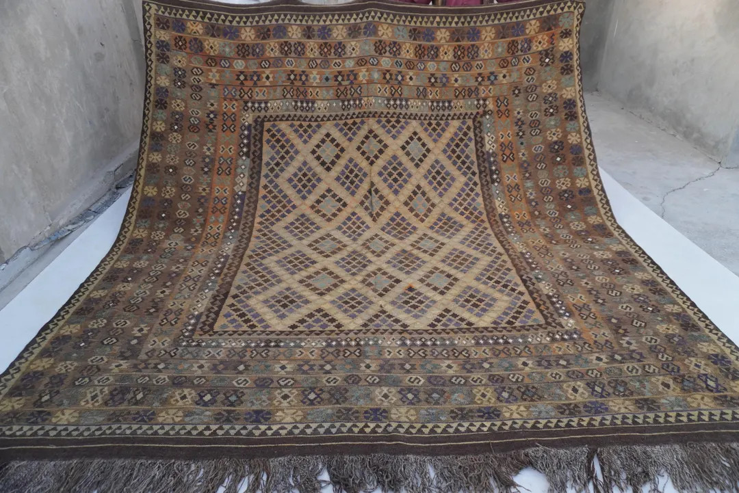 1920s Antique 9x9 Afghan Square Rug, Turkmen Flatweave Kilim Rug, Terracotta Brown Black Vintage ... | Etsy (US)