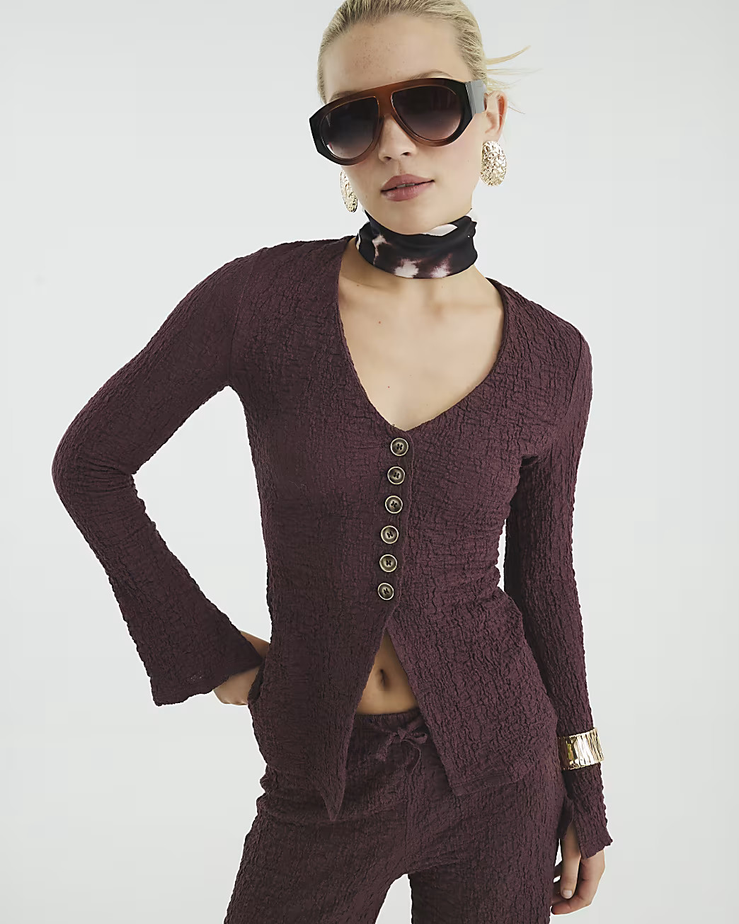 Purple Long Sleeve Textured Buttoned Top | River Island UK & IE