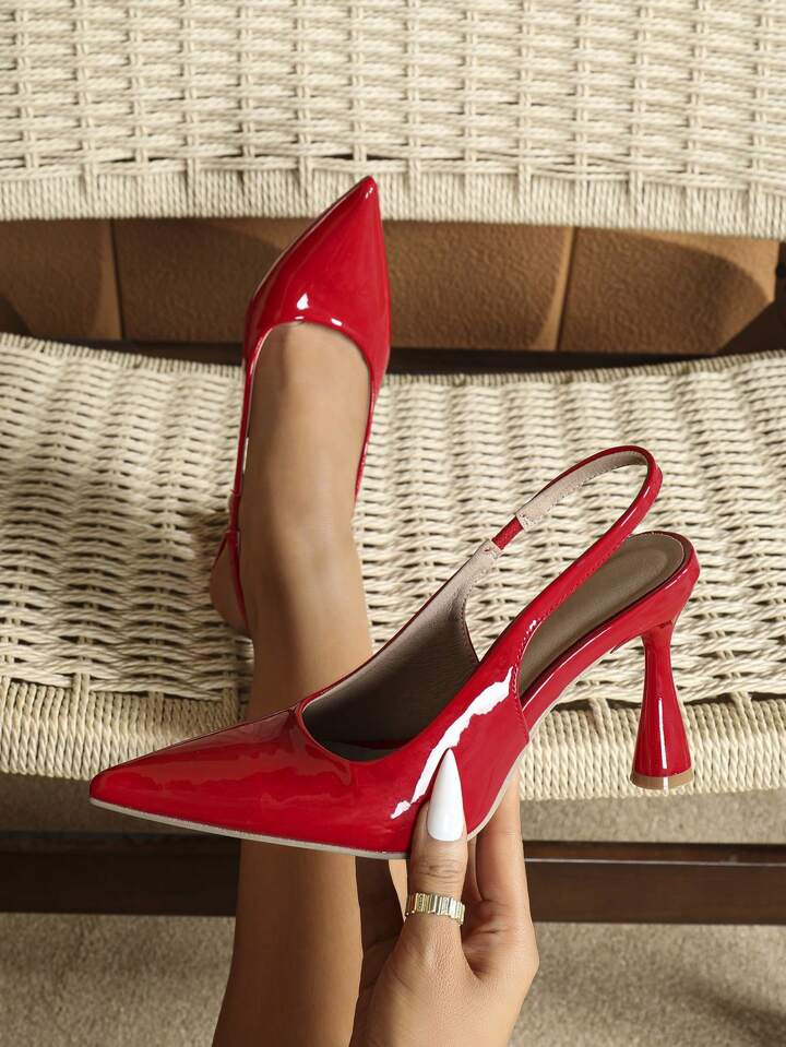 Women Solid Color Patent Leather Stiletto High Heels, Fashionable Ankle Strap Pointed Toe Party S... | SHEIN
