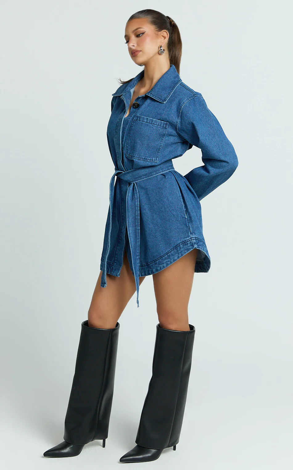 Denim Shirt Dress with Detachable Belt in Dark Mid Blue | Showpo (US, UK & Europe)