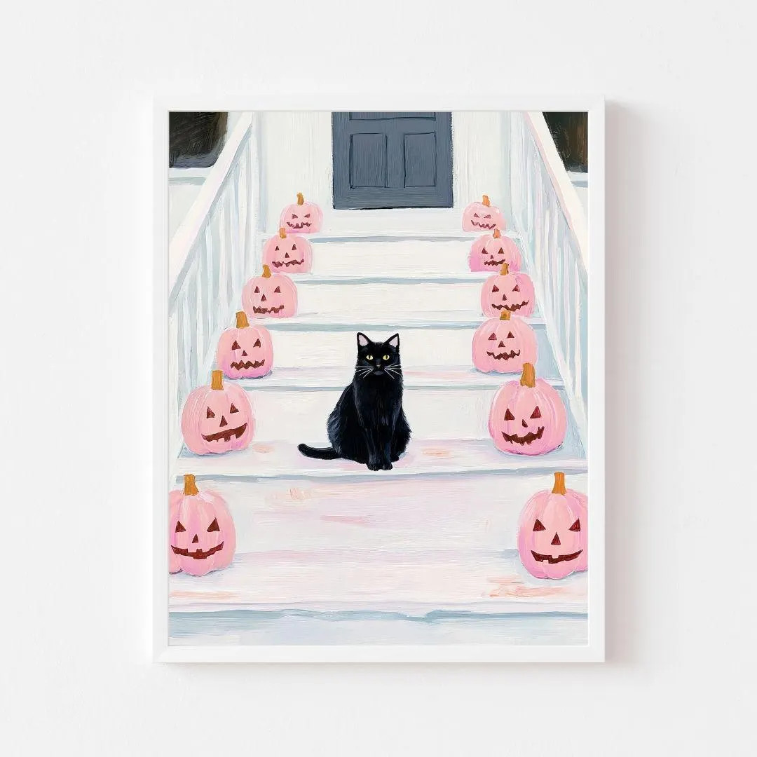 Black Cat & Pink Jack O'lanterns Art Print: Girly Halloween Decor (digital Download) - Etsy | Etsy (US)