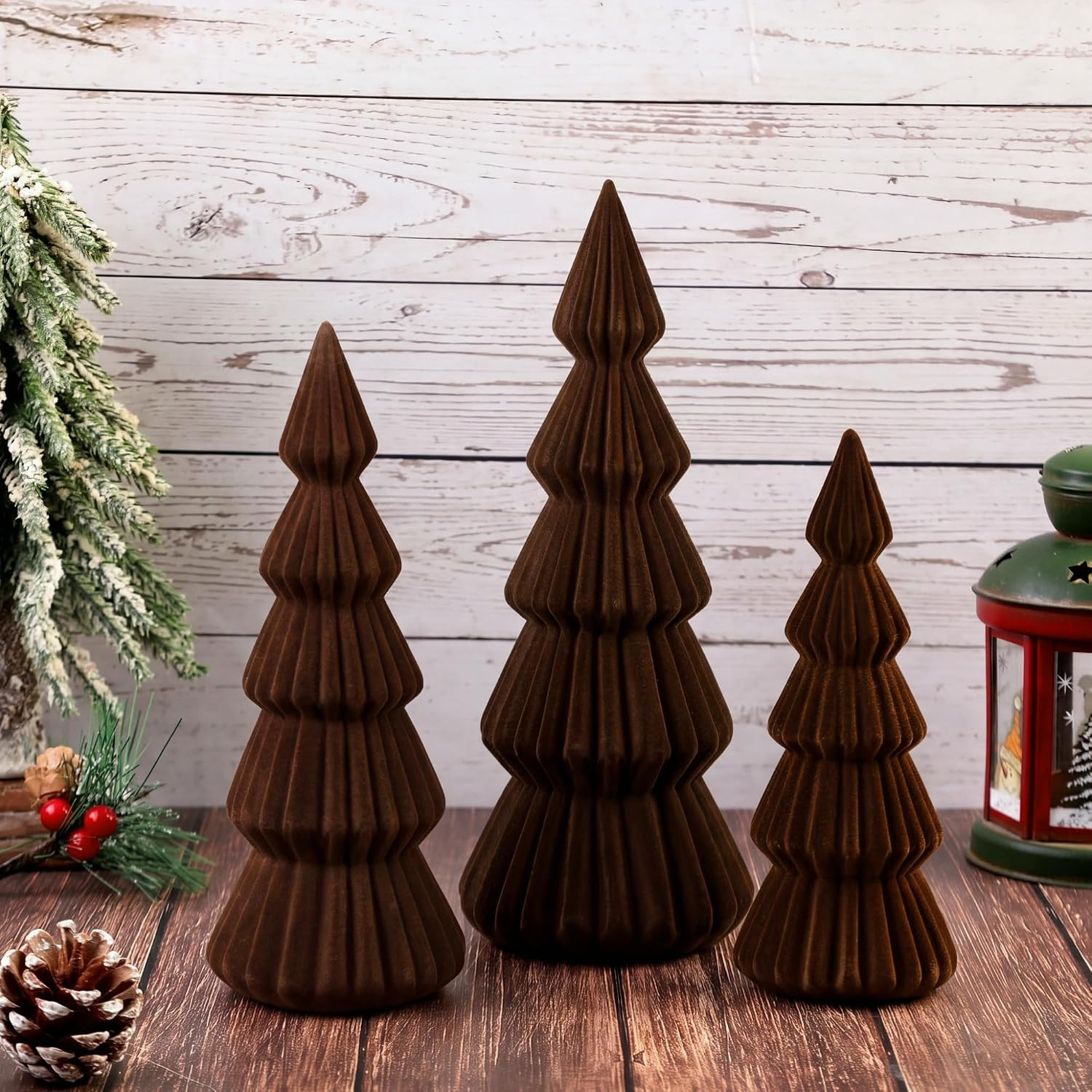 Set of 3 Velvet Ceramic Christmas Tree Decor, Dark Brown | Amazon (US)