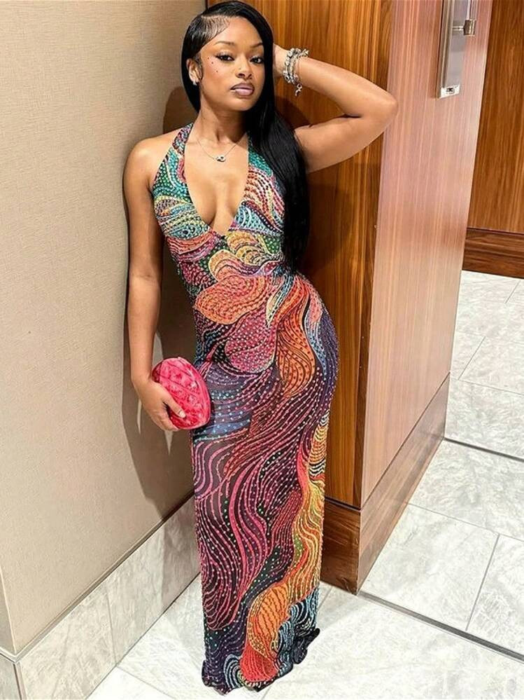Floral Corset Dress For Women, Fashionable And Elegant V-Neck Sleeveless Draped Back Backless Fitted Dress, Holiday Travel And Vacation Attire | SHEIN