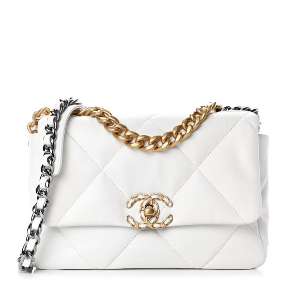 CHANEL Shiny Goatskin Quilted Medium Chanel 19 Flap White | Fashionphile