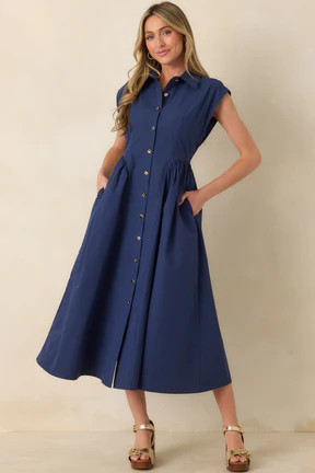 The Good Life Navy Cotton Button Front Midi Dress | Red Dress